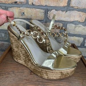Colin Stuart Gold T-Strapped Wedges